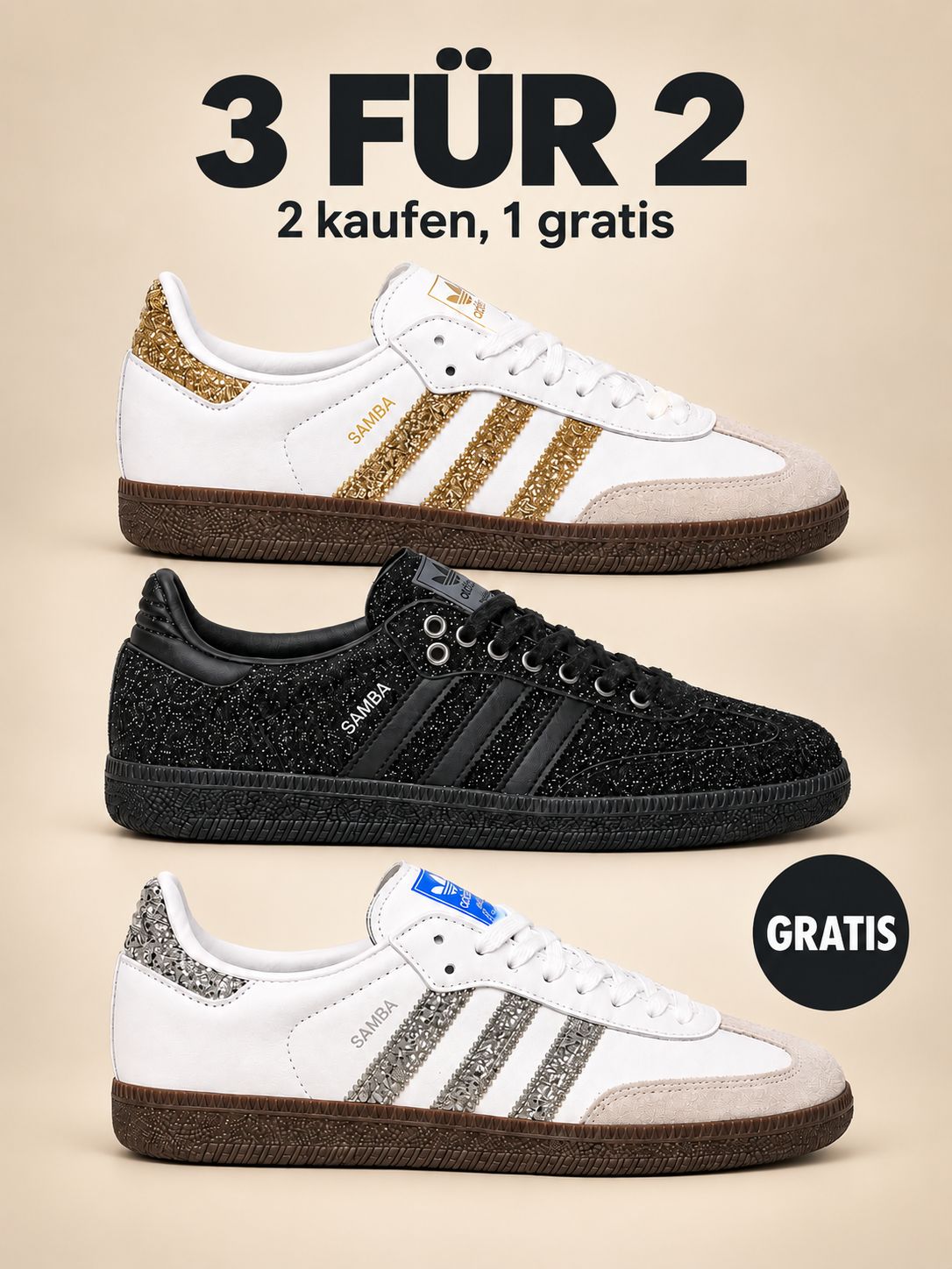 3 für 2 – Samba Glam Set | Gold, Schwarz & Silber